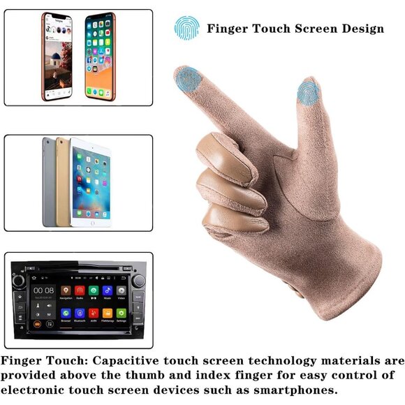 Women's Beige Winter Leather Touch Screen Wool Lined Windproof Warm Dress Gloves - Picture 5 of 7